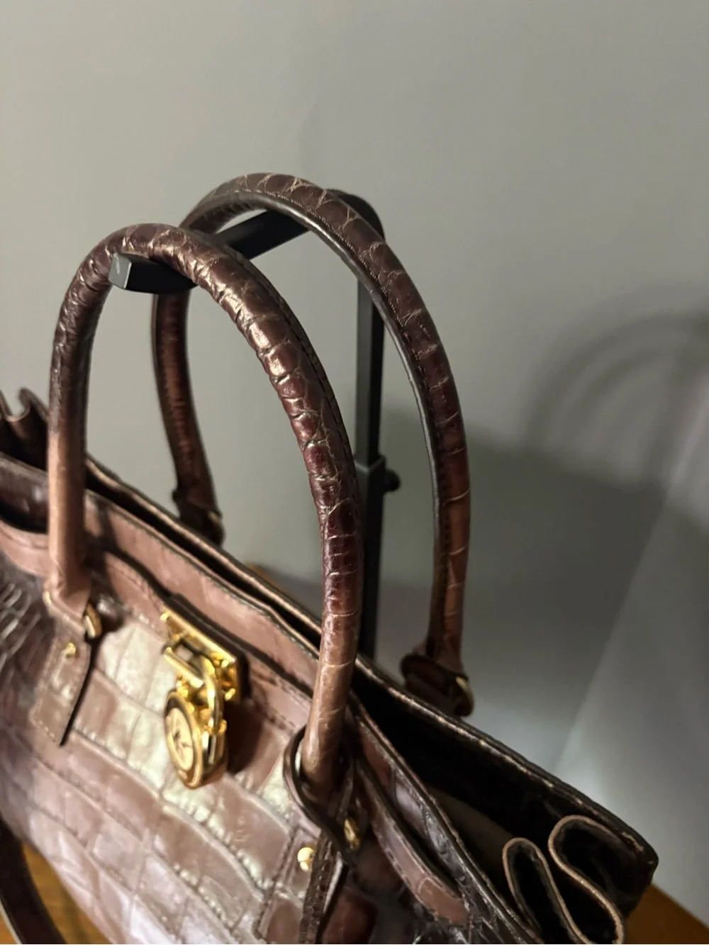 Michael Kors Hamilton Large Croc-Embossed Leather Satchel Tote Ombre Brown
